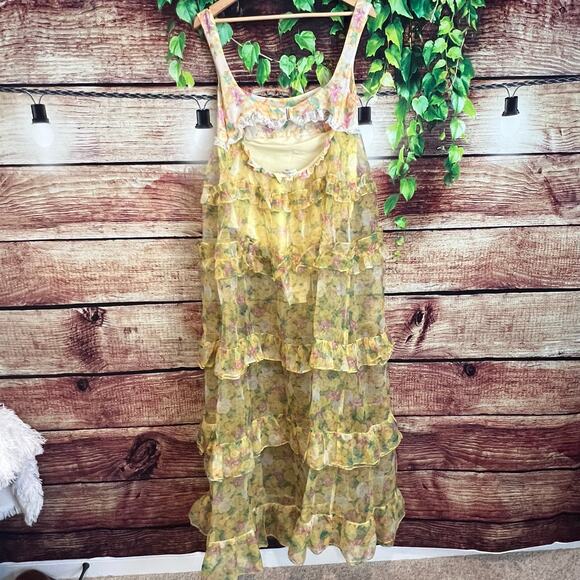 For Love & Lemons Vikki Maxi Dress Large Tiered Floral Ruffles Lace Sheer Yellow - Picture 10 of 12